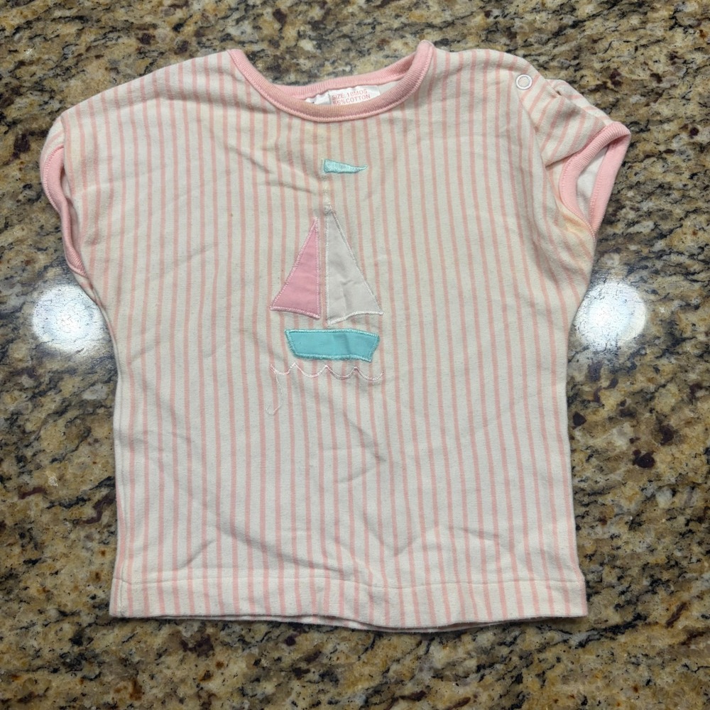 Vintage Girl Store Pink Striped Sailboat Snap Shoulder Top 18 Months